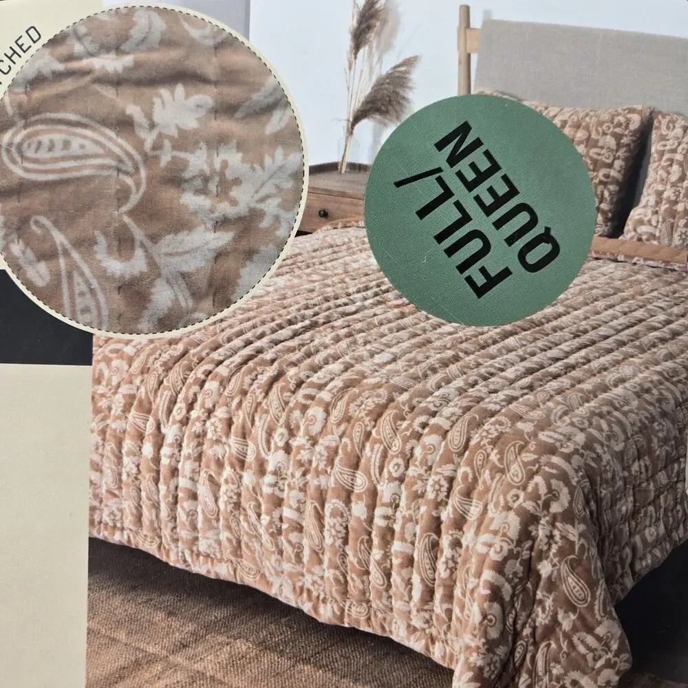 Nicole Miller Velvet Paisley QUEEN Quilt Hand Stitched Beige Brown NEW COTTAGE
